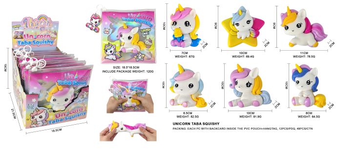 UNICORNI TABA SQUISHY 10cm (In busta – PVC Pouch 18×18 cm) c/backcard In espo da 12pz 6ass…x12…x48